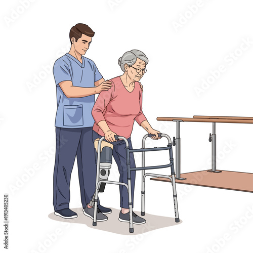 Physiotherapist assisting an elderly woman with prosthetic leg using a walker for rehabilitation