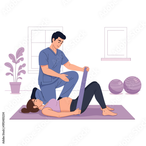 Physical therapist assisting pregnant woman with resistance band exercises on a mat