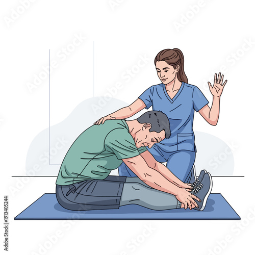 Female physiotherapists assisting a man stretching hamstrings on a yoga mat
