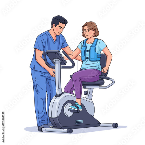 Physiotherapists assisting woman with weighted vest on a stationary exercise bike