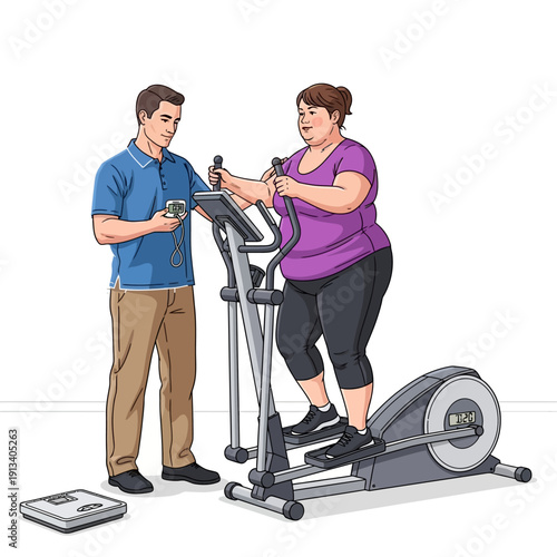 Plus size woman exercising on elliptical with personal trainer