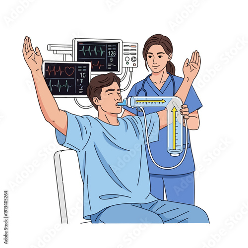Nurse assisting a male patient with spirometry breathing exercises in a hospital