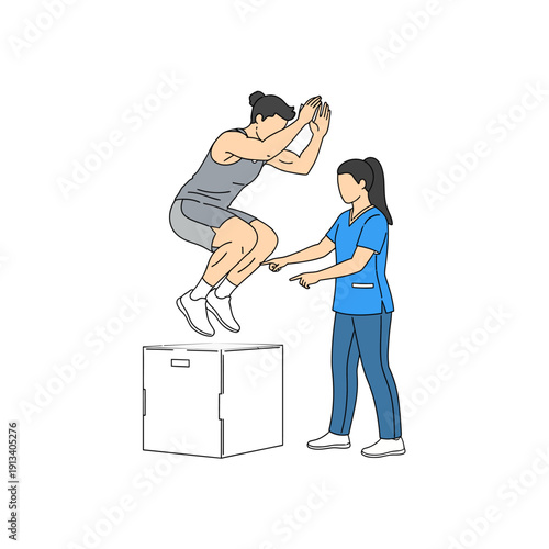 Physiotherapist guiding male athlete doing box jump exercise