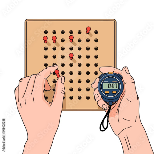 Hands performing a pegboard dexterity test with a stopwatch for timing