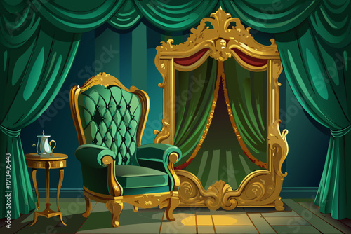 Ornate gold frame and plush velvet armchair set against rich green drapes elegant classic interior design luxurious refined space with timeless sophistication