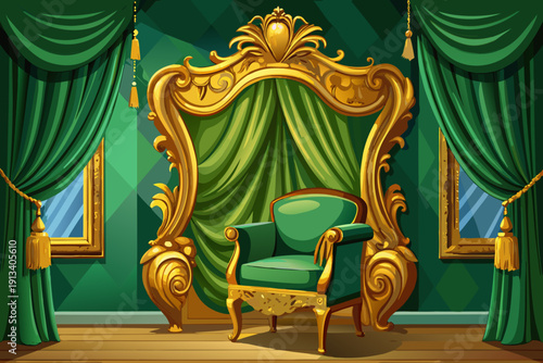 Ornate gold frame and plush velvet armchair set against rich green drapes elegant classic interior design luxurious refined space with timeless sophistication