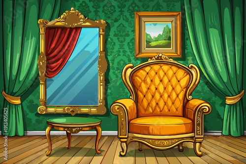 Ornate gold frame and plush velvet armchair set against rich green drapes elegant classic interior design luxurious refined space with timeless sophistication