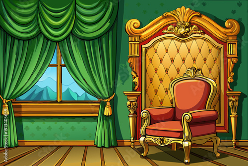 Ornate gold frame and plush velvet armchair set against rich green drapes elegant classic interior design luxurious refined space with timeless sophistication