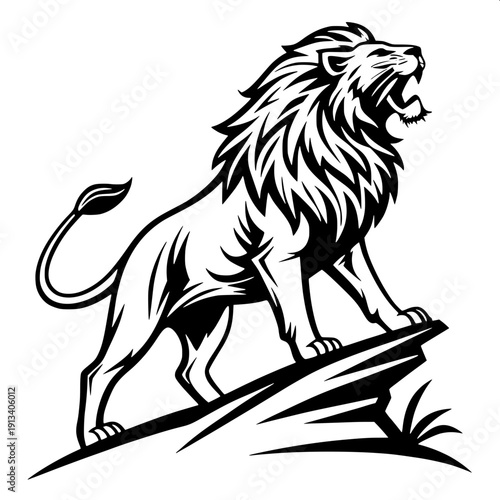 "A powerful lion silhouette standing on top of a rock cliff, roaring with mouth open, side profile view, detailed mane outline, black solid shadow figure, minimalistic style, white background, high co