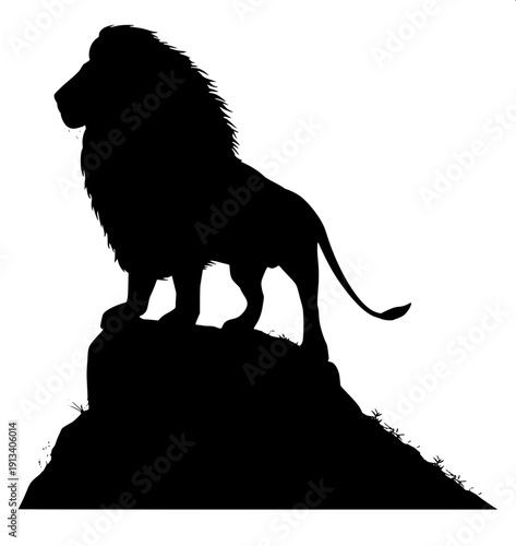 "A powerful lion silhouette standing on top of a rock cliff, roaring with mouth open, side profile view, detailed mane outline, black solid shadow figure, minimalistic style, white background, high co
