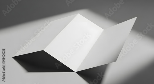 White folded brochure or leaflet with multiple panels open, casting shadows on a grey background.