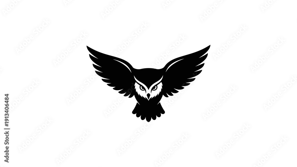 Obraz premium Stylized flying owl silhouette logo design on white background, majestic black bird with spread wings, minimalist graphic element.
