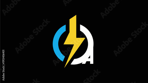 Modern Dynamic Lightning Bolt Energy Icon with Blue and White Arc Elements on Black Background, representing power and speed.