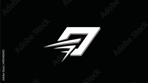 Modern graphic design featuring a stylized white number 7 with dynamic speed lines on a stark black background, symbolizing speed and progress.