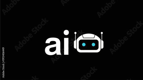 Modern artificial intelligence (AI) text with stylized robot head icon on black background, symbolizing advanced technology, machine learning, and automation.