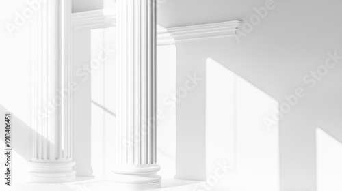 White Columns Interior, Sunlight, Elegant, Architectural, Minimalist, Photorealistic, Empty, Studio, Mockup