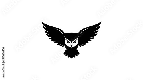 Stylized flying owl silhouette logo design on white background, majestic black bird with spread wings, minimalist graphic element.