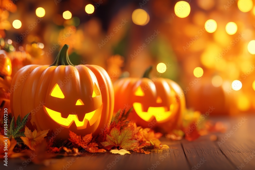 Fototapeta premium Bright and Cheerful Halloween Pumpkin Patch with Carved Jack-o'-lanterns
