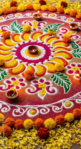 Wallpaper Mural Colorful rangoli with oil lamps and marigold flowers. Traditional Indian art for ganesh chaturthi celebration. Spiritual decoration for festival. Torontodigital.ca