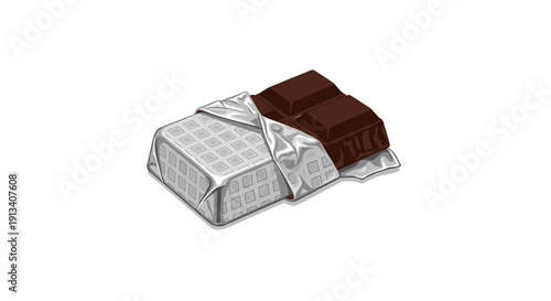 A dark chocolate bar is partially unwrapped from its silver foil packaging, revealing segmented squares.