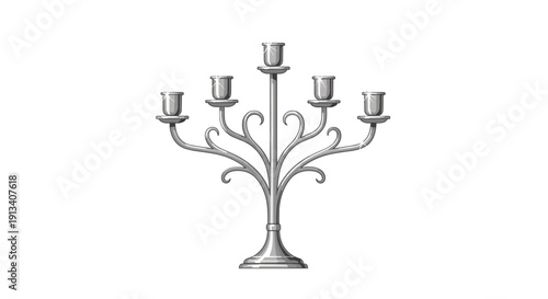 An ornate silver candelabra with five curved arms holds individual candle cups in a classic decorative design.