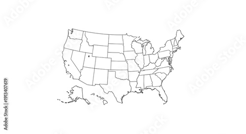 Minimalist outline map of the continental United States and Alaska, displaying distinct state divisions.