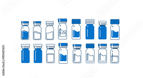 Collection of small medical vials and bottles, some filled with blue liquid and some empty, arranged in two rows.