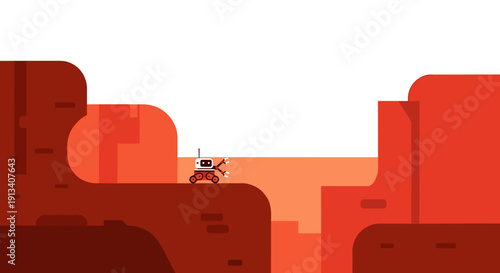 A small, simplistic Mars rover equipped with robotic arms navigates a rugged, red-hued Martian canyon landscape with deep ravines.