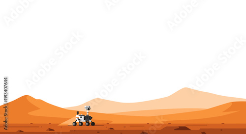 A robotic Mars rover traverses a vast, barren desert landscape featuring reddish-orange mountains and scattered rocks under a clear sky.