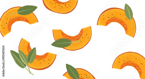 Multiple crescent-shaped orange pumpkin slices, garnished with green sage leaves and pepper, form a repeating pattern on white.