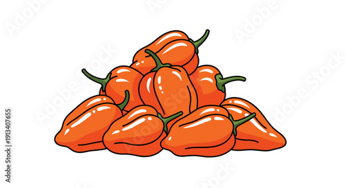 A neat pile of bright orange habanero peppers, known for their intense heat, is carefully stacked on a white background.