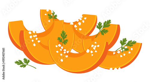 Several orange pumpkin wedges, sprinkled with white salt and adorned with green parsley, are piled on a clean white background.