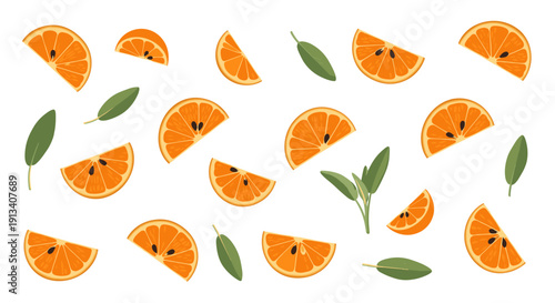 Fresh orange fruit slices and bright green leaves are randomly spread across a clean white background for a vibrant display.