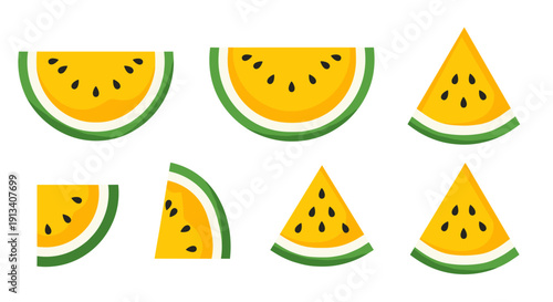 Various yellow watermelon slices with black seeds and green rinds are arranged on a clean white background.