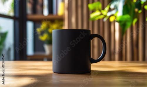 Simple black matte mug on a wooden table with soft natural light and blurred background