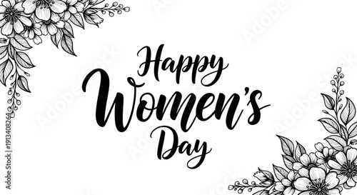Happy Women's Day Calligraphy with Elegant Black and White Floral Corner Arrangement on Isolated White Background.