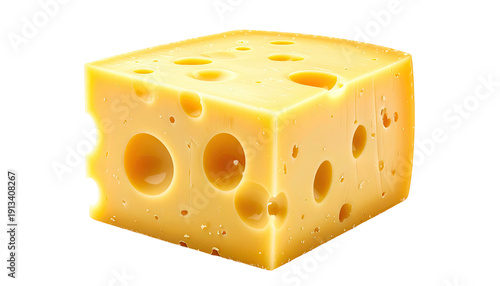 Cube of Swiss cheese with distinct holes, sits against a stark, transparent background