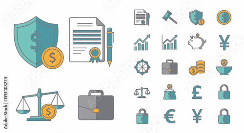 Comprehensive Legal and Financial Outline Icons Set with Law, Banking, and Global Currency Symbols on Isolated White Background.