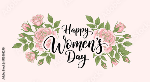 Happy Women's Day Greeting Card Design with Elegant Pink Rose Floral Wreath on a Soft Pastel Pink Background.