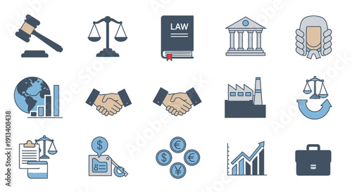 Collection of law and justice icons in blue and yellow tones, depicting legal process, agreement, and financial transactions, isolated white background.