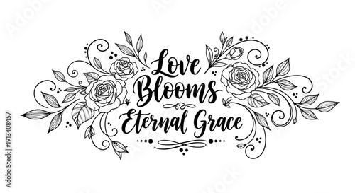 Elegant black and white floral design with "Love Blooms Eternal Grace" calligraphy text, isolated white background.