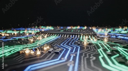 Microprocessor atop a dark circuit board with intricate copper traces and glowing green indicators