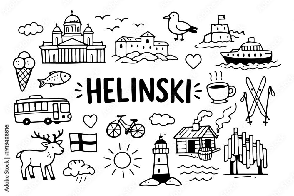 Fototapeta premium Helsinki Finland travel doodle set, hand drawn nordic city landmarks, finnish symbols and winter activities in line art style