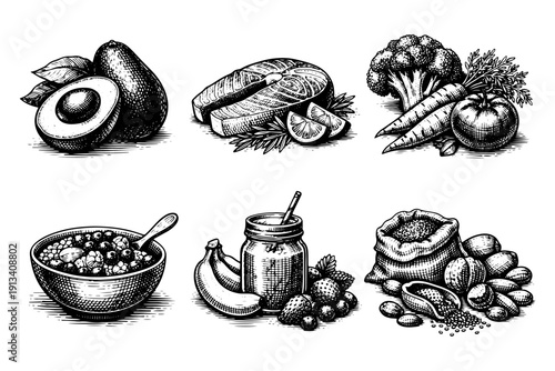 Vintage healthy food engraving set, antique organic products sketch with salmon, avocado, broccoli and nuts in woodcut style