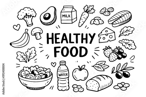 Healthy food doodle set, hand drawn organic nutrition symbols and wellness snacks in line art style