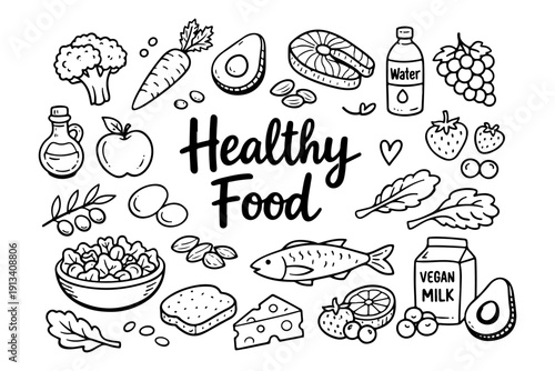 Healthy food doodle set, hand drawn organic nutrition symbols and wellness snacks in line art style
