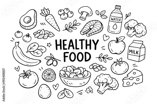 Healthy food doodle set, hand drawn organic nutrition symbols and wellness snacks in line art style