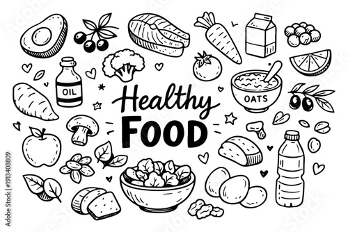 Healthy food doodle set, hand drawn organic nutrition symbols and wellness snacks in line art style