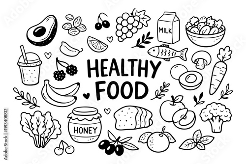 Healthy food doodle set, hand drawn organic nutrition symbols and wellness snacks in line art style