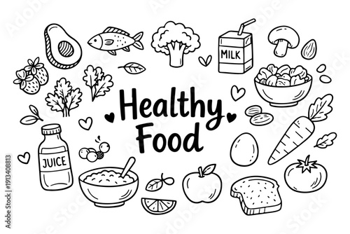 Healthy food doodle set, hand drawn organic nutrition symbols and wellness snacks in line art style